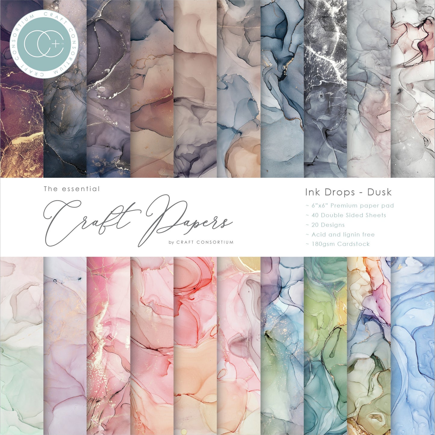 Craft Consortium Double-Sided Paper Pad 6"X6" 40/Pkg-Ink Drops - Dusk, 20 Designs