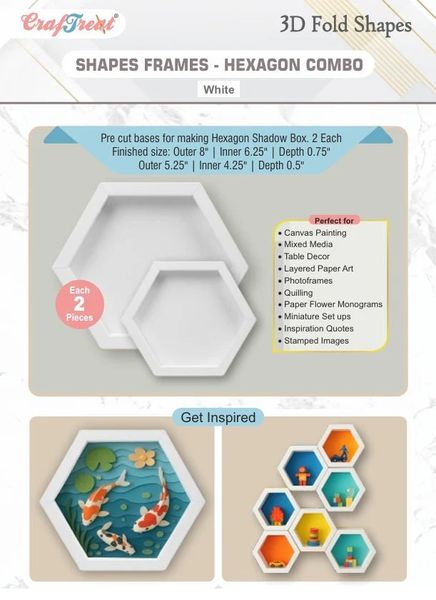 CrafTreat 3D Fold Shapes - Frames White - Hexagon Combo 4pcs
