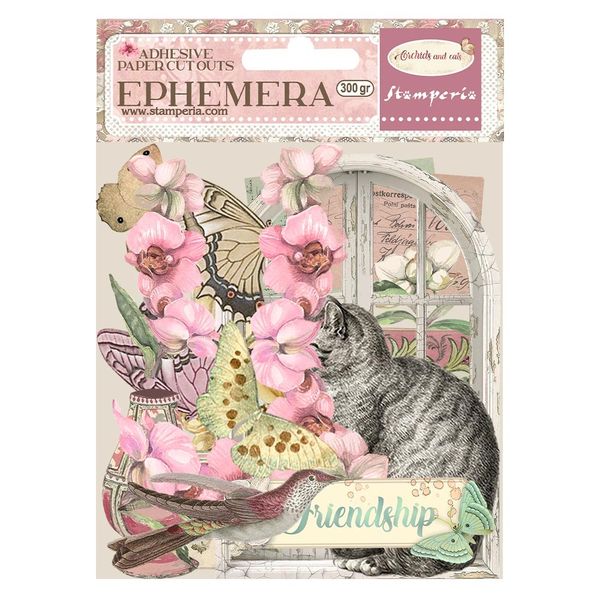 DISC - Stamperia Cardstock Ephemera Adhesive Paper Cut Outs-Orchids And Cats