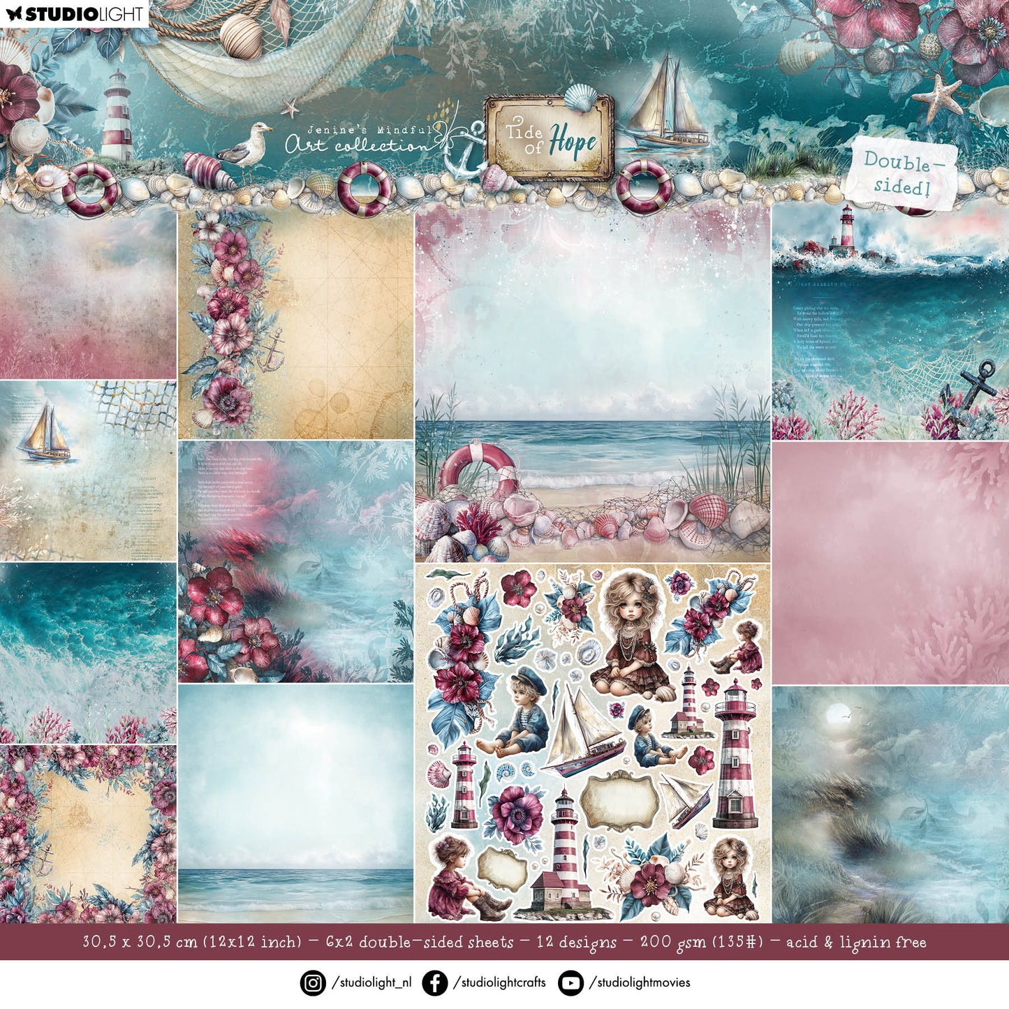 Studio Light JMA Designer Paper Pad Double-Sided Scrapbooking Tide of Hope 12 Sheets