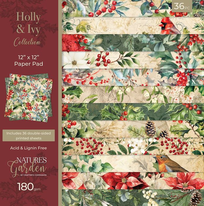 Crafter's Companion Nature's Garden Paper Pad 12"X12"-Holly & Ivy