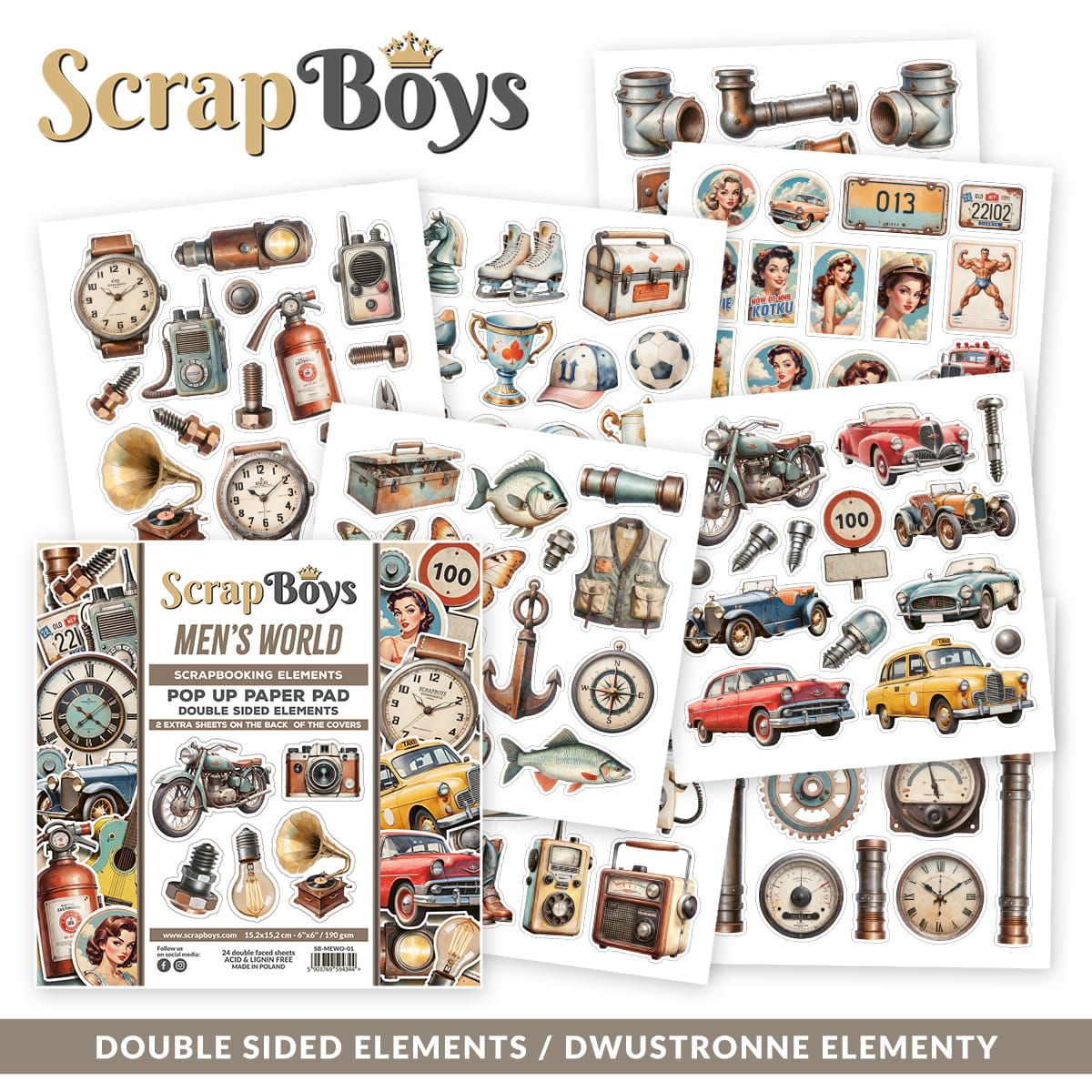 ScrapBoys Men's World 01 POP UP PAPER PAD 6"x6" Paper Set