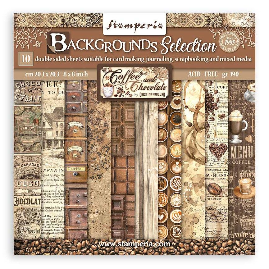 DISC - Stamperia Coffee and Chocolate 8X8 Backgrounds Selection Paper Pack