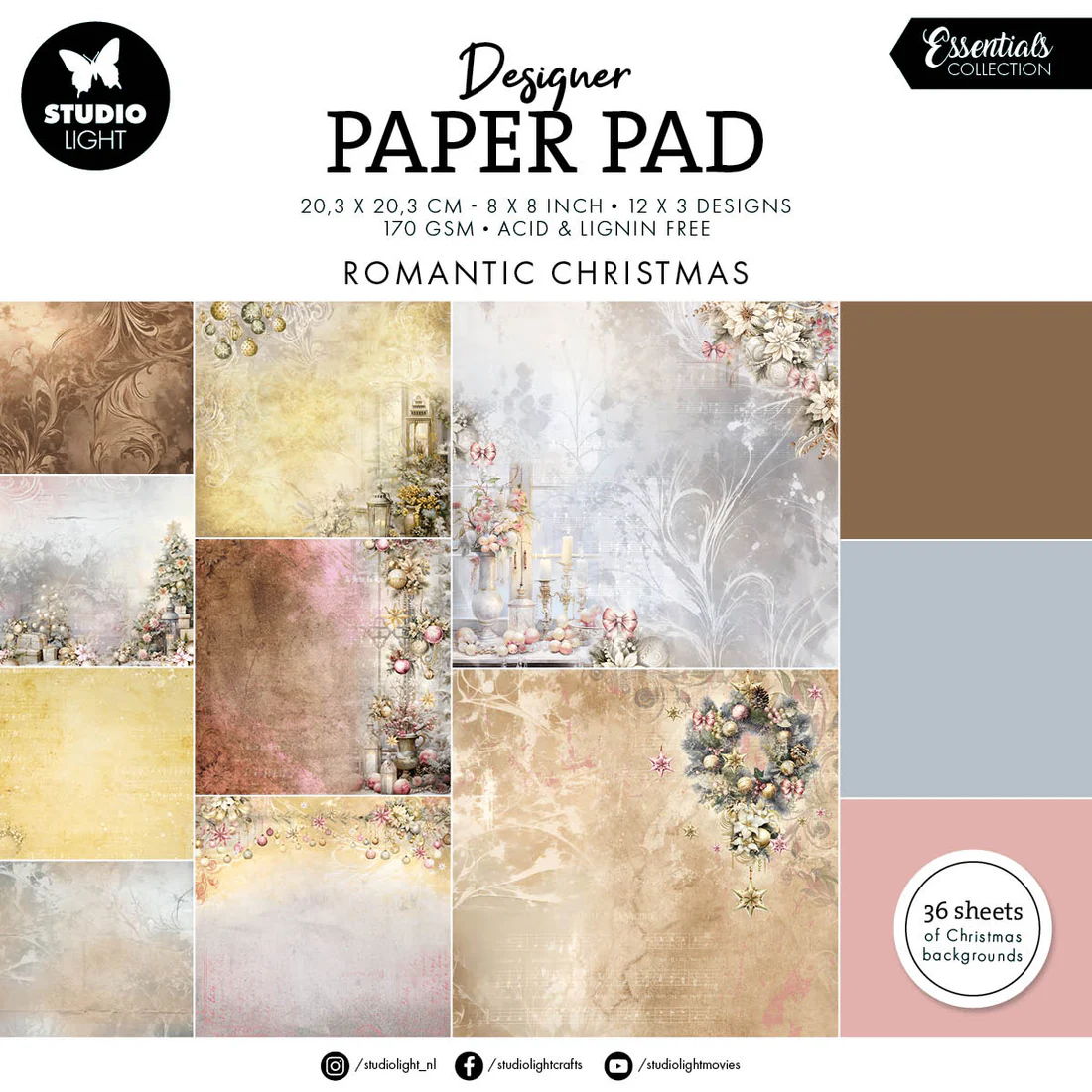 Studio Light Essentials Design Paper Pad: Romantic Christmas, 8x8 inches, 36 Sheets