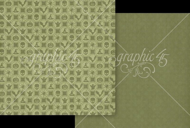 Graphic 45 Ghostly Greetings: Poison Green Pattern & Solid Sheet 12x12 DS Paper (1 Sheet)