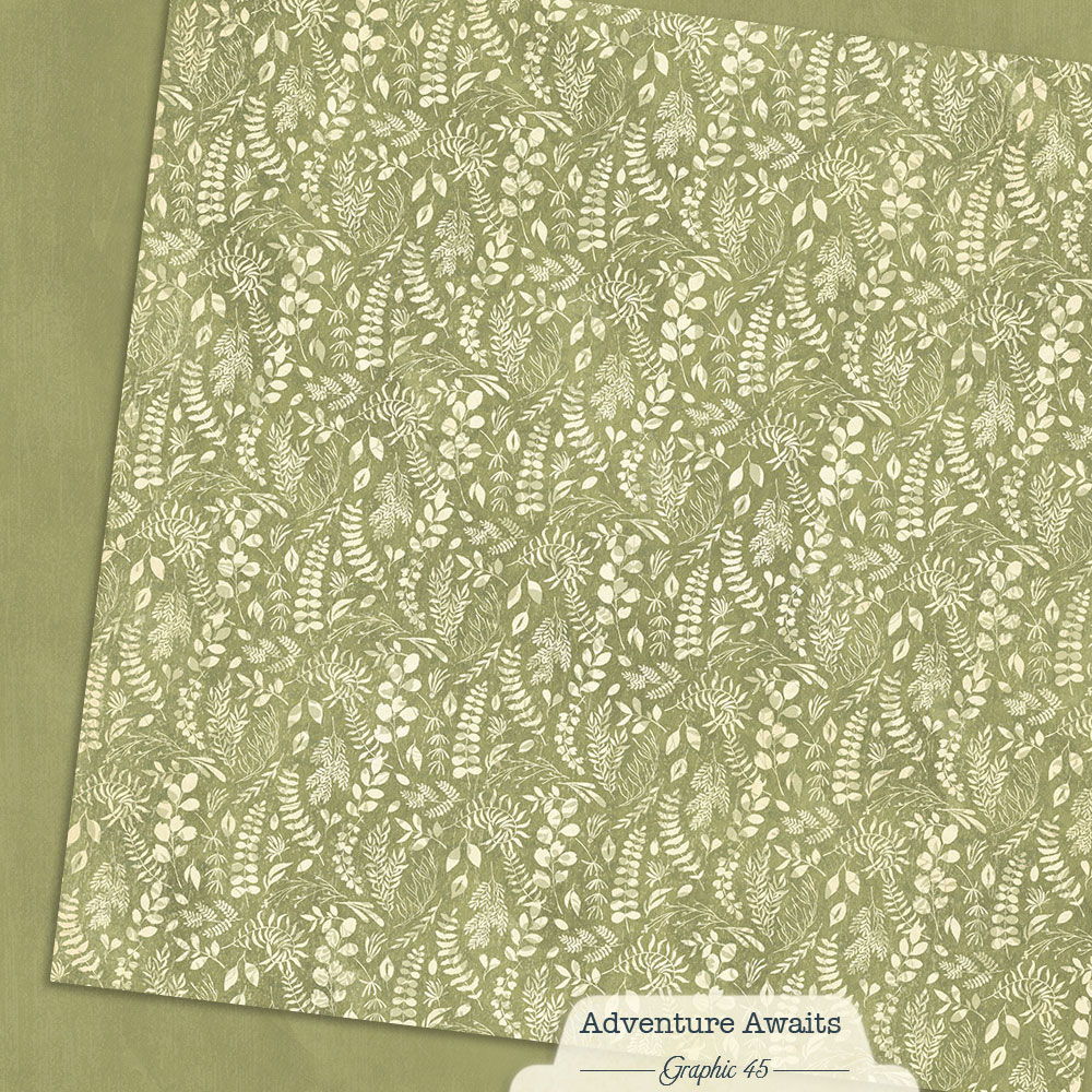 Graphic 45 Adventure Awaits: Fern Green Patterns and Solids 12x12 DS Paper (1 Sheet)