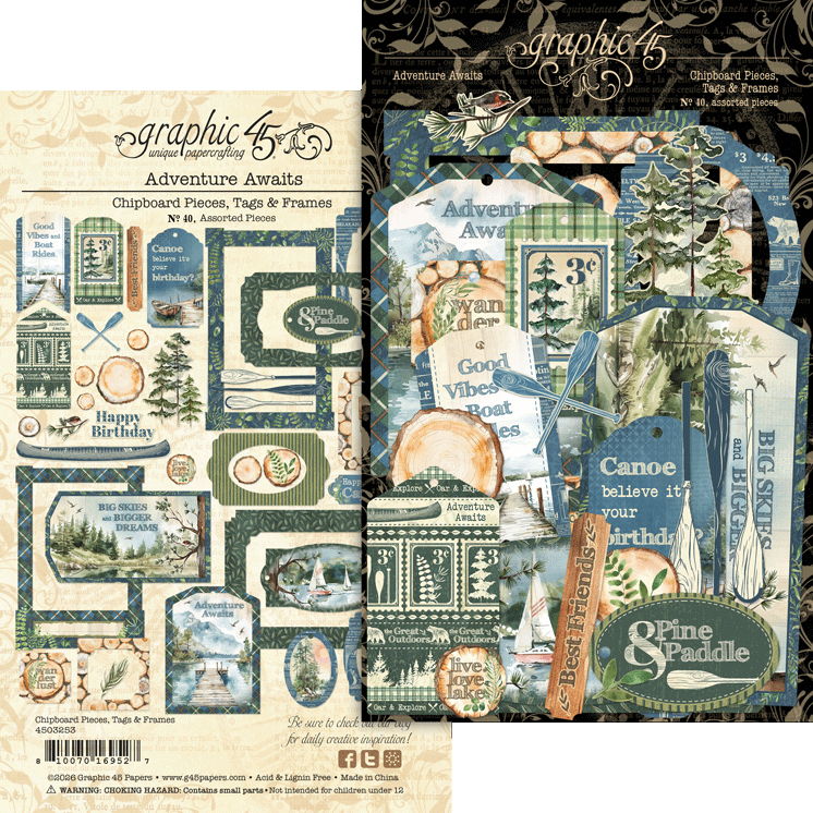 Graphic 45 Adventure Awaits Chipboard Pieces, Tags & Frames