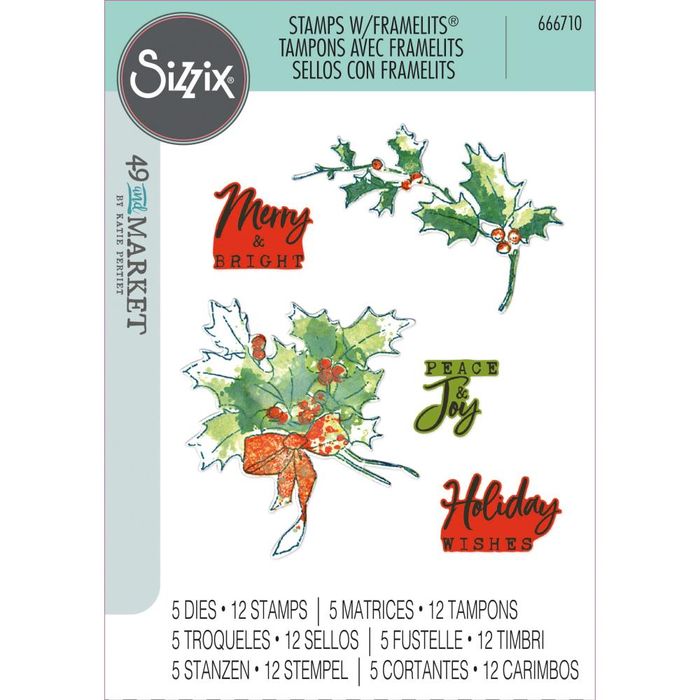 Sizzix A5 Clear Stamps With Framelits Die By 49 And Market-Pencil Line Holly
