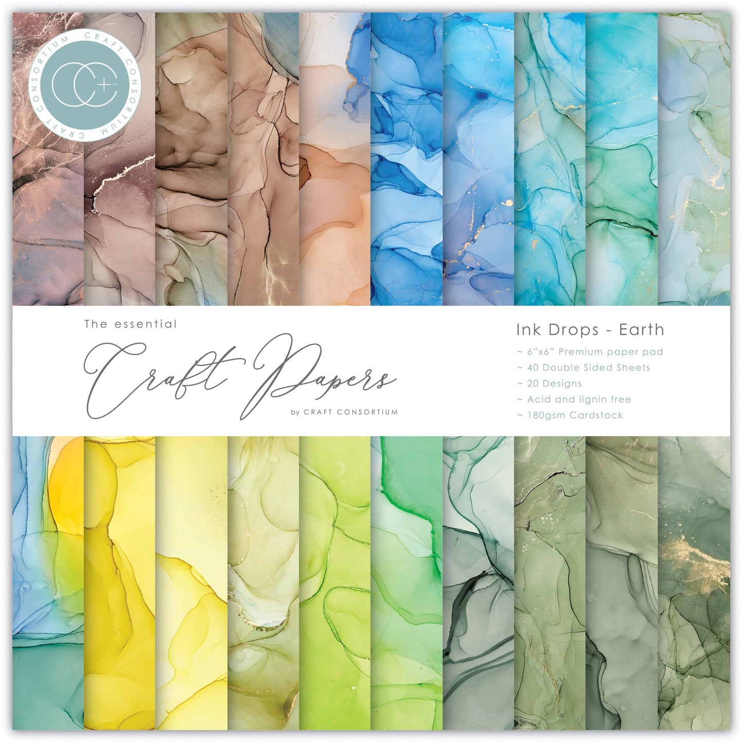 Craft Consortium Double-Sided Paper Pad 6"X6" 40/Pkg-Ink Drops - Earth, 20 Designs