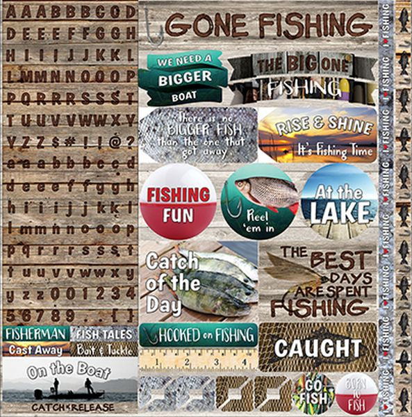 Reminisce Gone Fishing: 12x12 Alpha Sticker