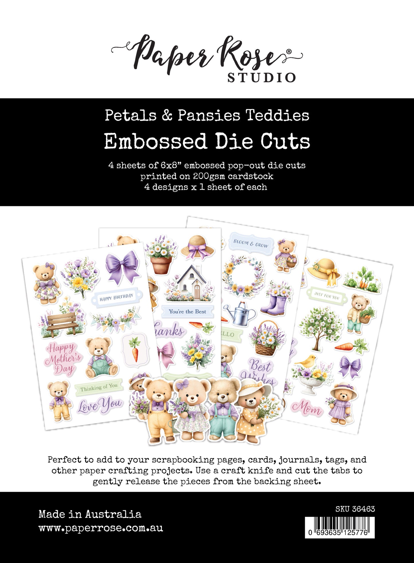 Paper Rose Petals & Pansies Teddies 6x8" Embossed Die Cuts