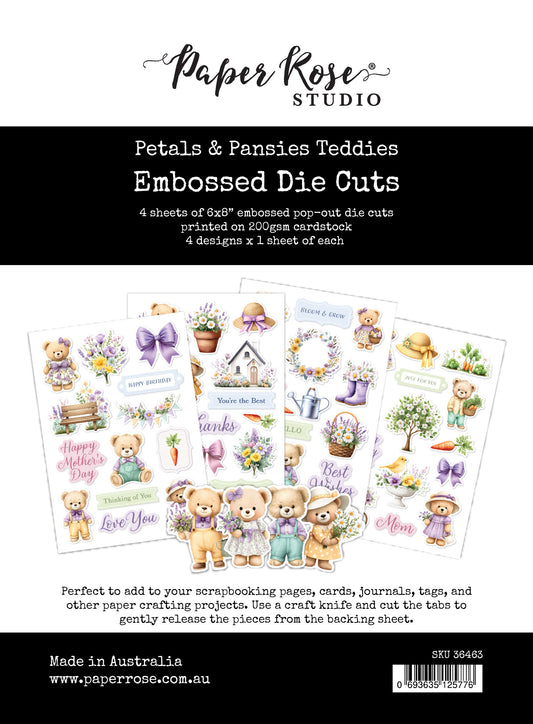 Paper Rose Petals & Pansies Teddies 6x8" Embossed Die Cuts