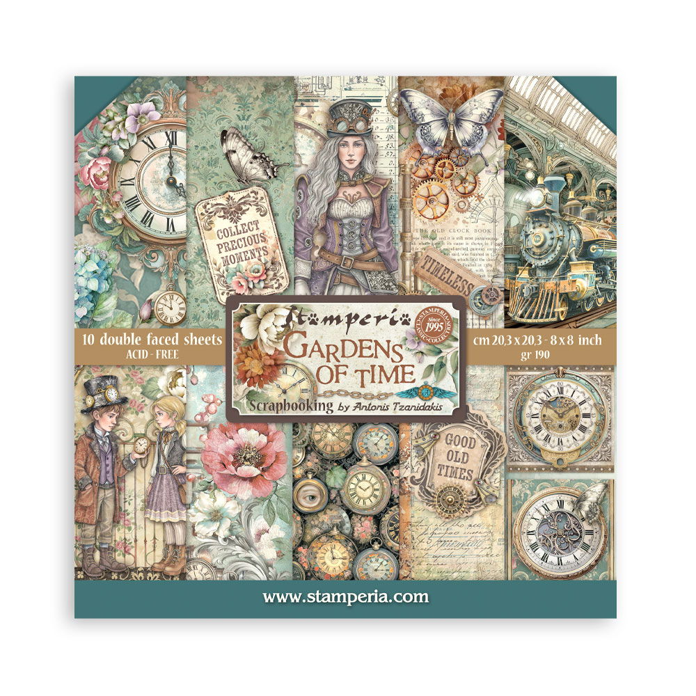 Stamperia Gardens of Time 8x8 inches Double-Sided Paper Pad, 10 sheets/pkg.