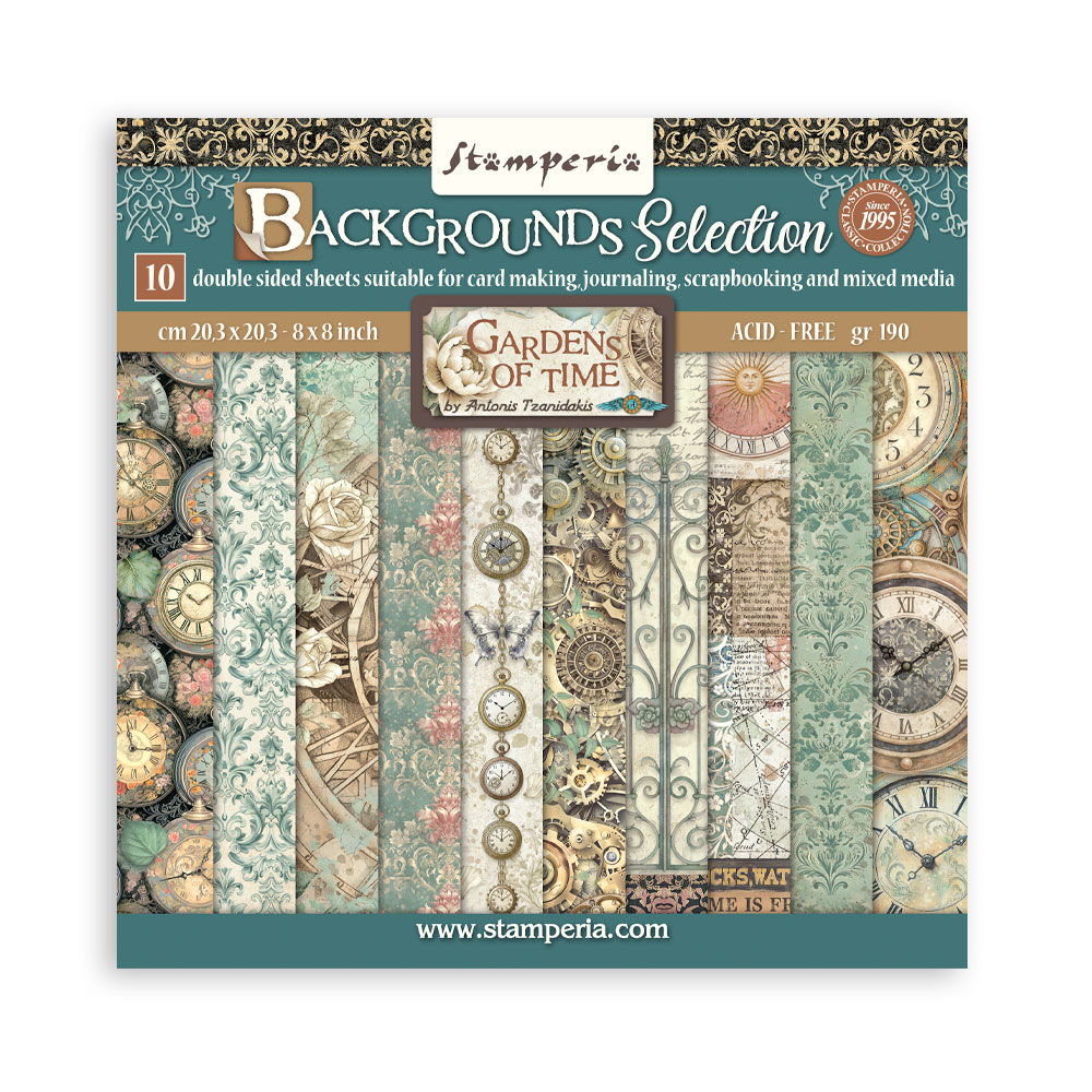 Stamperia Gardens of Time Backgrounds  8x8 Double-Sided Paper Pad, 10 sheets/pkg.