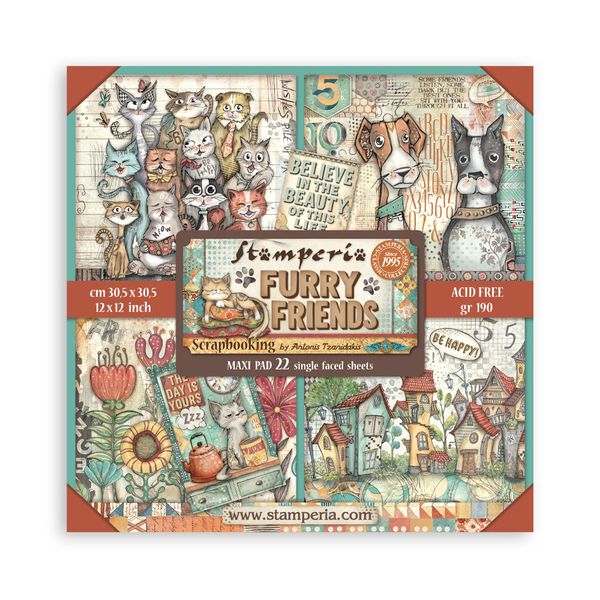 DISC - Stamperia Furry Friends Single-sided 12"x12" Scrapbooking Pad,  22 sheets