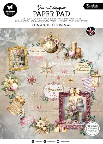 Studio Light Essentials Die-Cut Designer Paper Pad: Romantic Christmas, A4, 28 Sheets